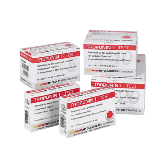 Five boxes of the Cleartest® Troponin I Whole Blood Infarction Test by Servoprax GmbH are arranged together. The packaging is primarily white with red accents and features text about in vitro diagnostics and the Cleartest brand, which specializes in the diagnosis of acute coronary syndrome and heart attack.