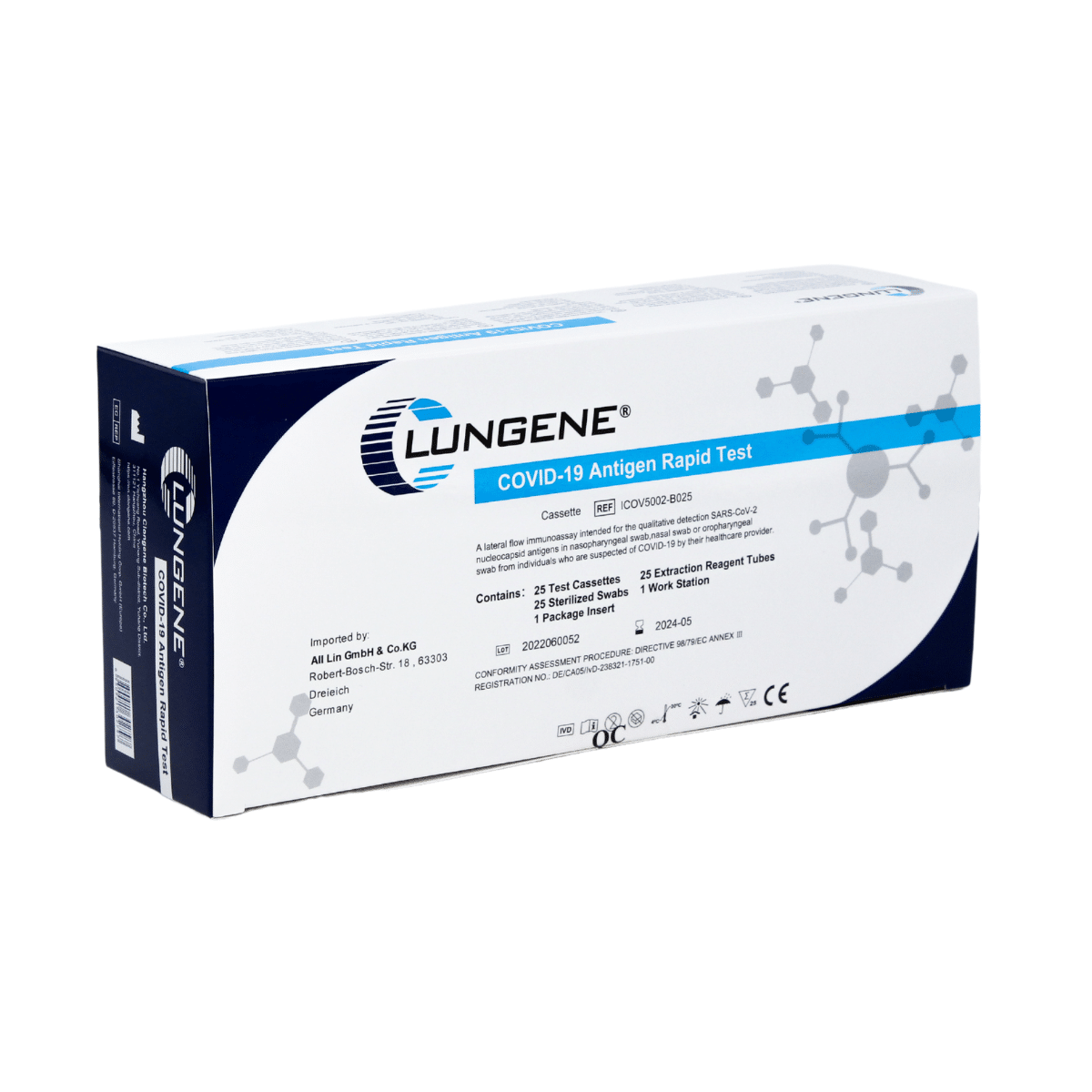 A box of Clungene Antigen Rapid Test 25 pieces AT079/20 isolated on a white background, with product information and logos.