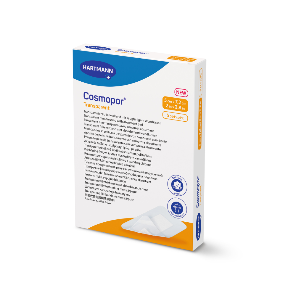 The box of Cosmopor Transparent Sterile Transparent Dressing by Paul Hartmann AG is white with blue and orange accents, shows product details, has a size of 5 cm x 7.2 cm, and displays an image of the bacteria-repellent wound pad dressing on the lower front.