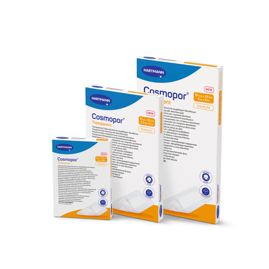 Three boxes of Paul Hartmann AG’s Cosmopor Transparent Sterile Transparent Bandage, available in various sizes, are presented with blue and orange branding. Each box features characteristics such as breathability and the comfort of a waterproof bandage, providing excellent protection against water.