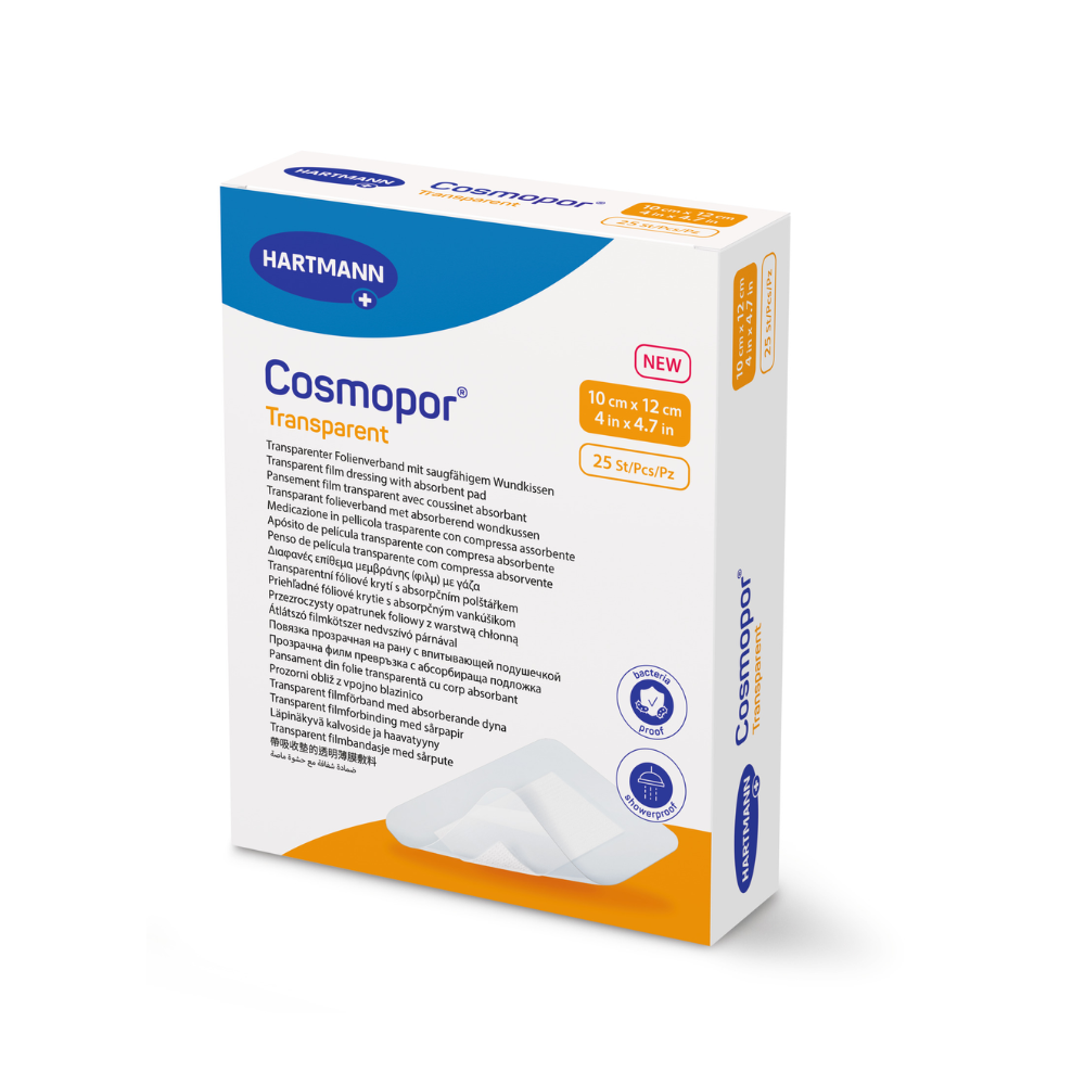 Die transparenten sterilen Transparentverband-Verbände Cosmopor der Paul Hartmann AG haben Pflastergrößen von 10 cm x 12 cm (4 Zoll x 4,7 Zoll) und enthalten 25 bakterienabweisende Stücke, verpackt in einer weißen Schachtel mit blauen und orangefarbenen Akzenten.
