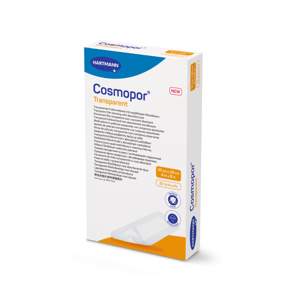The image shows a box of Cosmopor Transparent Sterile Transparent Dressing by Paul Hartmann AG. The packaging is white with orange and blue text. The dimensions are 10 cm x 20 cm, and the package contains bacteria-repellent wound pads and 25 pieces per box.
