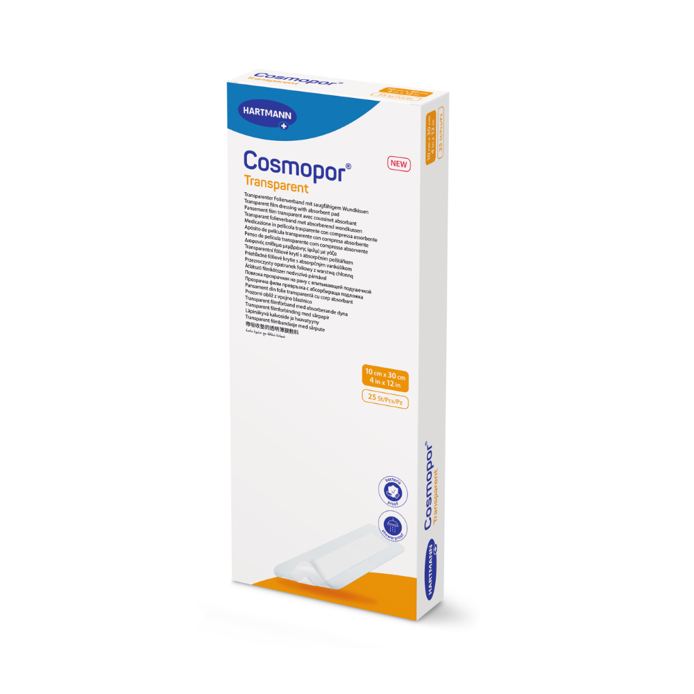 The depicted product is a box with Cosmopor transparent sterile wound dressing by Paul Hartmann AG. The white packaging features blue-orange text emphasizing the bacteria-resistant properties. It consists of two pieces of 8 cm x 10 cm and is adorned with an image on the front.