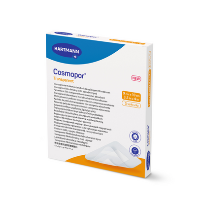 The image shows a box with sterile Cosmopor Transparent Dressings by Paul Hartmann AG with a bacteria-repellent wound pad. The front is white with blue and orange accents and multilingual text. The dimensions are 9 cm x 10 cm (3.5 inches x 4 inches) and contain 5 pieces.