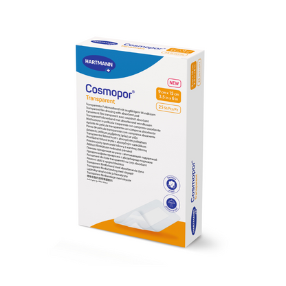 The image shows a box with 25 wound dressings “Cosmopor Transparent sterile Transparent Dressing” by Paul Hartmann AG in the format 9 cm x 15 cm. The predominantly white packaging is marked with the word “new” and a blue-orange print that indicates the bacteria-repellent properties.