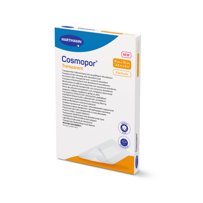Pictured is a rectangular box with sterile Cosmopor Transparent Dressings by Paul Hartmann AG, highlighting their hypoallergenic, antibacterial, and waterproof properties. The box contains wound dressings in the format 9 cm x 15 cm (3.5 inches x 6 inches), each with five pieces.