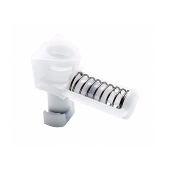Eine Nahaufnahme der Diversey 0,5ml Sprühpumpe (1 Stück) für Bulk Spender, mit einer Spiralfeder in einem weiß/transluzenten Gehäuse - kompatibel mit Soft Care Des E Spray und Sure IHS - vor einem schlichten weißen Hintergrund.