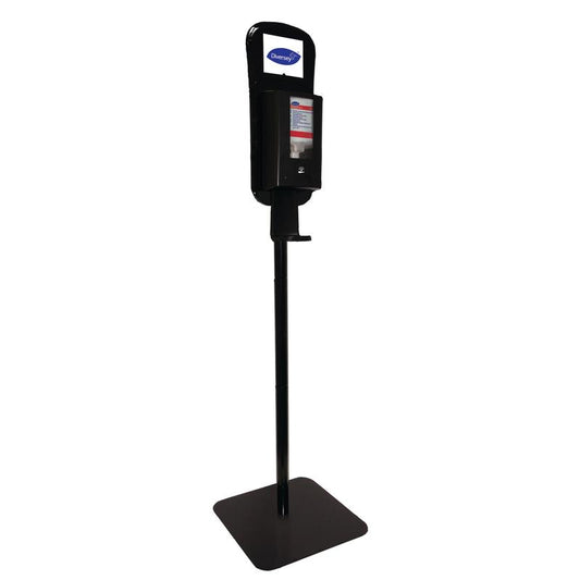 Eine höhenverstellbare, schwarze Standsäule von Diversey Deutschland GmbH & Co. OHG für Hybridspender mit rechteckigem Standfuß, Fußpedal und oben platziertem CleanPro-Behälter.