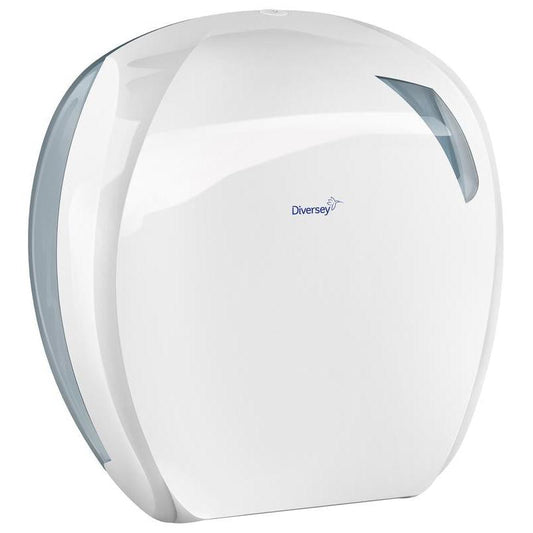 Der Toilettenpapier-Jumborollenhalter Maxi von Diversey Deutschland (weiß/transparent, Kunststoff, 355x348x136 mm) ist ein moderner Wandspender für Jumbo-Toilettenpapierrollen Maxi - praktisch und mit Sichtfenster, ideal für jede Toilette.
