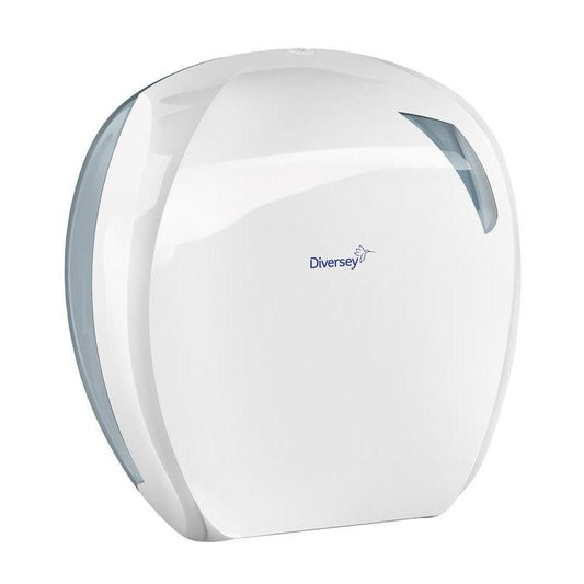Der Toilettenpapier-Jumborollenhalter Mini von Diversey Deutschland GmbH & Co. OHG aus weißem/transparentem Kunststoff (296x277x135 mm) ist ideal für öffentliche Toiletten und passend für Jumbo-Toilettenpapierrollen Mini, z.B. 7518251.