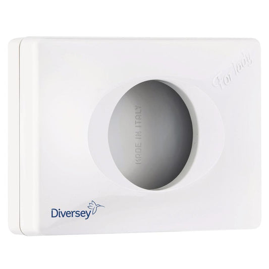 Der Hygienebeutelspender aus weißem Kunststoff (95x135x32 mm) von Diversey Deutschland GmbH & Co. OHG ist ideal für öffentliche Sanitärräume, mit ovaler Öffnung und "MADE IN ITALY"-Prägung im Inneren der Öffnung.