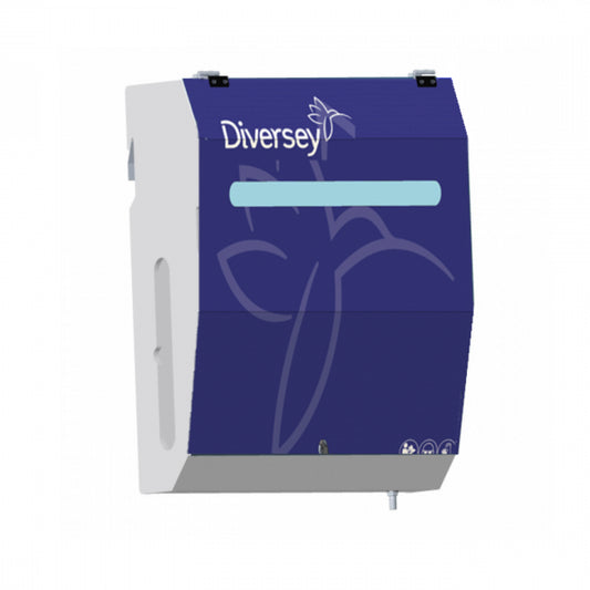 Die DF10M (IoC) 3 Pumpen Zusatzeinheit von Diversey Deutschland GmbH & Co. OHG ist ein blau-weißer, wandmontierter Spender mit Displayfenster und Dosiersystem, ideal für Wäschereien und kombinierbar mit D1229932 für bis zu 3 Produkte.