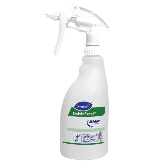 Eine 500ml Leerflasche für Oxivir Excel von Diversey Deutschland GmbH & Co. OHG mit grünen und blauen Akzenten, Abzugsdüse, und Symbolen für Desinfektionsmittel und Reinigungsanwendungen.