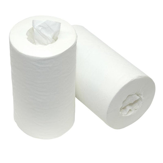 Zwei Wischtuchrollen Mini 1-lagig weiß (20 cm x 150 m) von Diversey Deutschland GmbH & Co. OHG sind auf weißem Grund abgebildet - eine aufrecht mit einem Blatt, eine liegend - ideal für die effektive Reinigung.