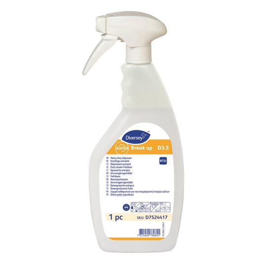 Eine Diversey Deutschland GmbH & Co. OHG Flaschenset Suma Break-up D3.5 J-Flex Nachfüllflasche (1 Stück) mit weißem Sprühkopf, beige/weißem Etikett und blau/gelben Akzenten mit Produktangaben und Anleitung.