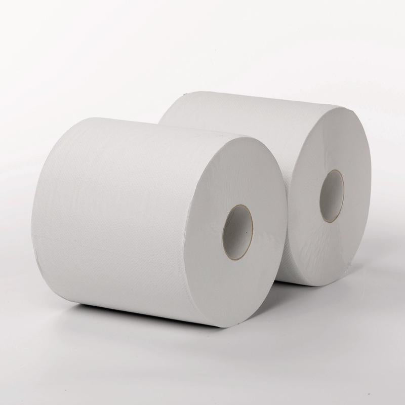 Two Maxi 2-ply white wiping rolls 555m from Diversey Deutschland GmbH & Co. OHG with 1460 sheets each (38 x 25 cm) lie side by side on a plain white surface with a white background.