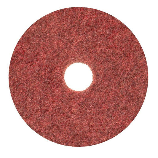 Das Diversey Twister Pad TXP Scheuerpad für Steinböden von Diversey Deutschland GmbH & Co. OHG ist ein rotes, kreisförmiges Pad mit rauer Textur und zentralem Loch, ideal für die Reinigung und Pflege von Steinböden, abgebildet auf weißem Hintergrund.