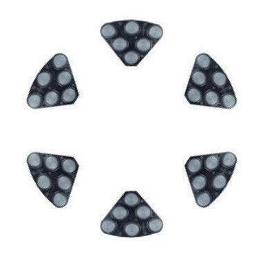 Five black, triangular Twister Hybrid Tools from Diversey Deutschland GmbH & Co. OHG with six gray circles each and rounded corners are arranged star-shaped on a white background, emphasizing their ergonomic shape.
