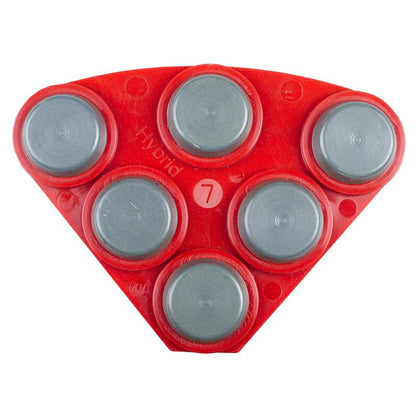 A red, triangular plastic tool from Diversey Deutschland GmbH & Co. OHG is equipped with six silver metal discs, the inscription "Twister Hybrid Tool" and the embossing "7", showcasing its ergonomic design.