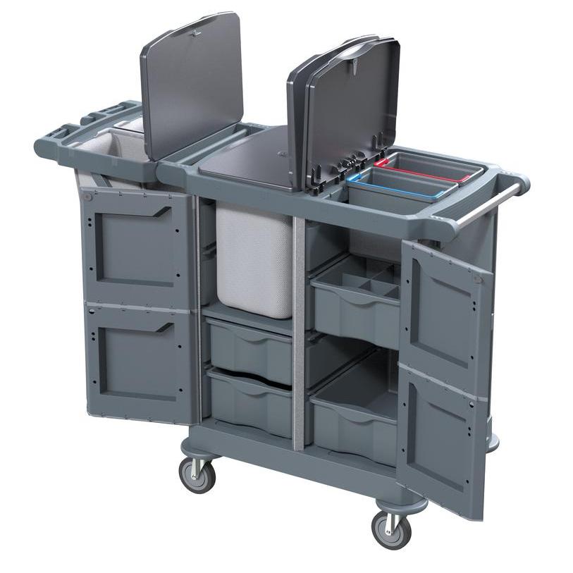 Der DI PROTECT TROLLEY GROSS von Diversey Deutschland GmbH & Co. OHG ist ein großer, geschlossener Wagen (1 Stück) mit mehreren Ablagen, zwei Deckelbehältern, zentralem Sackteil und vier Rädern für sichere Mobilität bei den täglichen Reinigungsarbeiten.