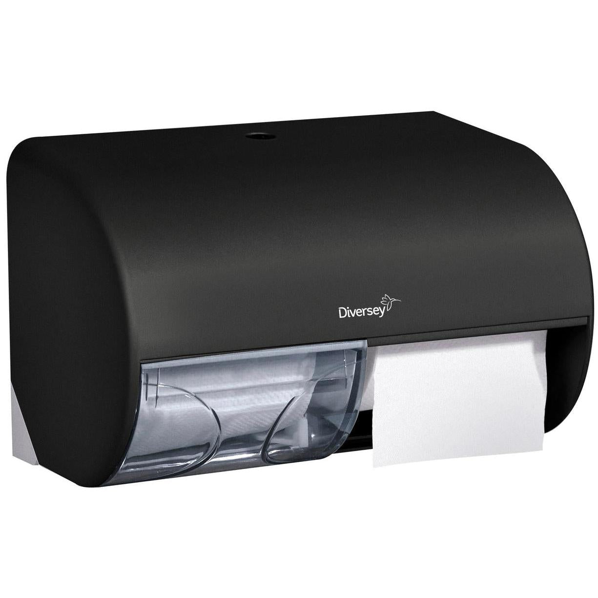 The "Horizontal Double Toilet Paper Roll Holder" from Diversey Deutschland GmbH & Co. OHG is a black wall holder with a transparent bottom that shows two toilet paper rolls and the brand name on the front, with the paper visible in the dispensing slot.