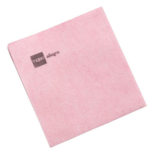 Ein einzelnes hellrosa TASKI Allegro Vliestuch von Diversey Deutschland GmbH & Co. OHG, mit "TASKI allegro" in grau in der oberen linken Ecke, auf weißem Hintergrund (50er Pack).