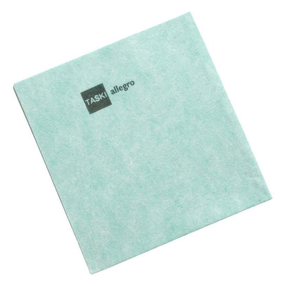 A light green square cleaning cloth, TASKI Allegro non-woven cloth from Diversey Deutschland GmbH & Co. OHG, with black print "TASKI allegro" on one corner, photographed on a white background (pack of 50 pieces).
