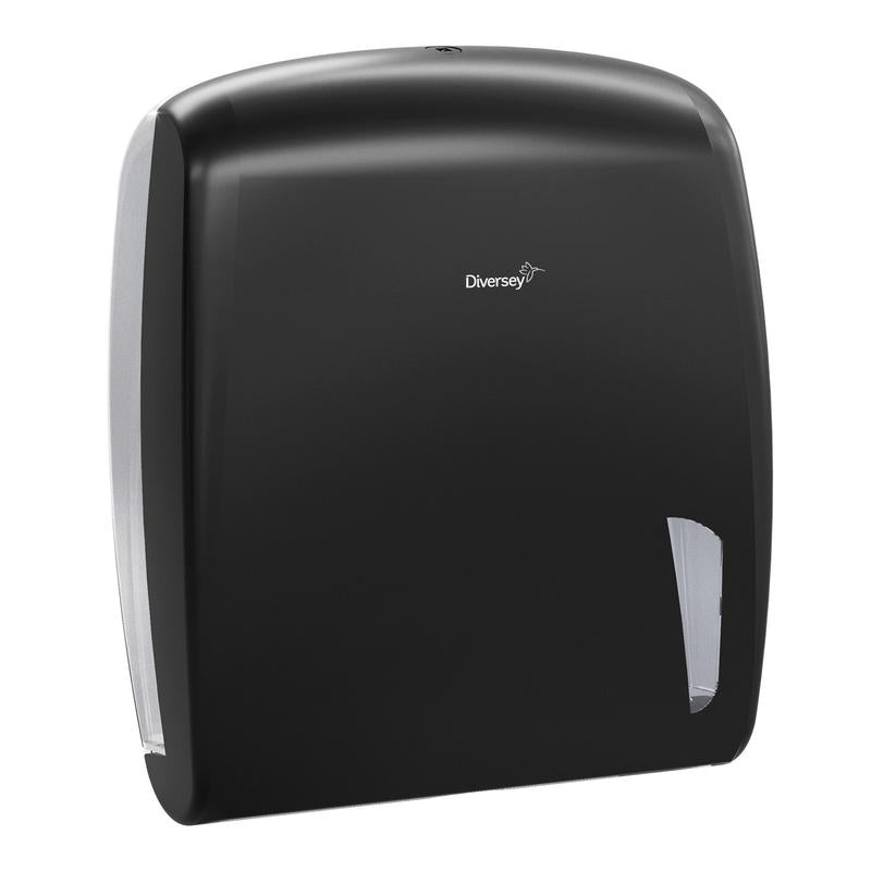 The foldable towel dispenser - Z-fold in black from Diversey Deutschland GmbH & Co. OHG is suitable for Z-fold towels, for wall mounting with a small transparent window at the bottom right and Diversey logo on the front.