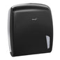 The foldable towel dispenser - Z-fold in black from Diversey Deutschland GmbH & Co. OHG is suitable for Z-fold towels, for wall mounting with a small transparent window at the bottom right and Diversey logo on the front.
