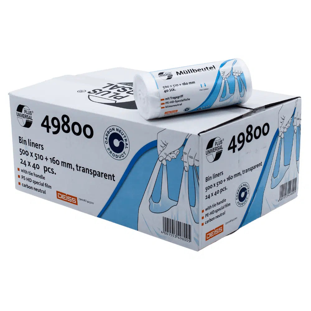 A box with DEISS Universal Plus garbage bags, labeled '49800', from EMIL DEISS KG (GmbH + Co.), with roll on top. The bags have dimensions of 500 x 510 + 160 mm, are transparent, and are delivered in 24 packs of 40 pieces each. With a capacity of 20 liters and carrying handles, these durable, CO2-neutral bags are ideal for your waste disposal.