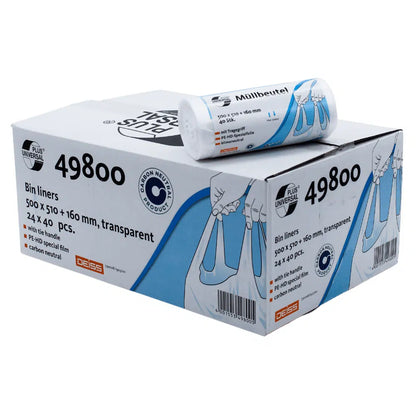 A box with DEISS Universal Plus garbage bags, labeled '49800', from EMIL DEISS KG (GmbH + Co.), with roll on top. The bags have dimensions of 500 x 510 + 160 mm, are transparent, and are delivered in 24 packs of 40 pieces each. With a capacity of 20 liters and carrying handles, these durable, CO2-neutral bags are ideal for your waste disposal.