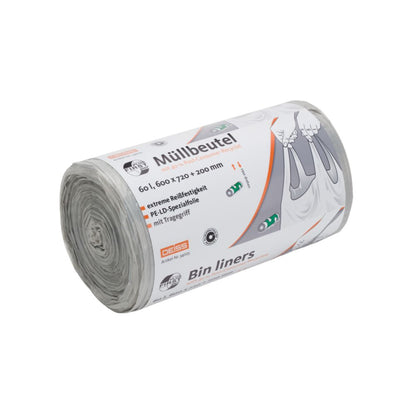 A roll of DEISS First Plus Pcr trash bags 60 liters, 34045 with carrying handle from EMIL DEISS KG (GmbH + Co.) highlights the dimensions and climate-neutral nature in German script. The label with a trash can symbol contains text in English and German. These partially unrolled trash bags contain a PCR content of 40% and are intended for environmentally conscious users.