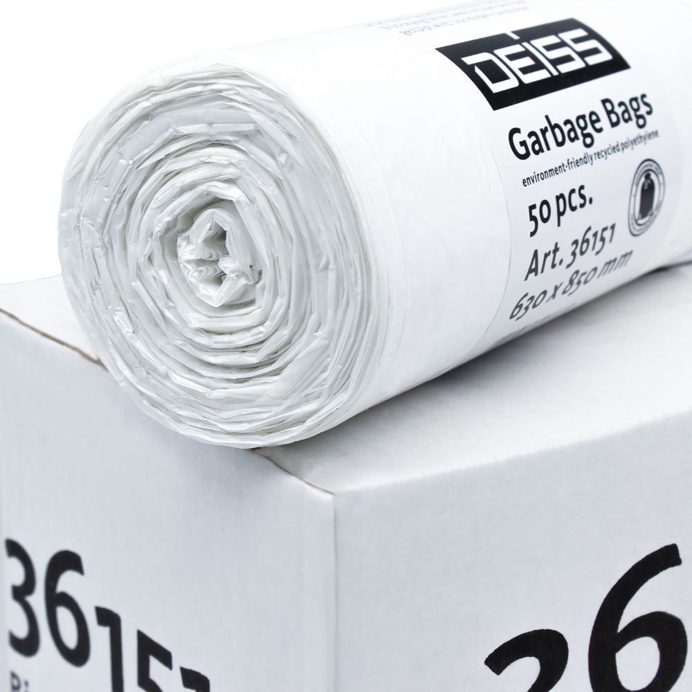 On a white box lies a roll of white garbage bags labeled with 50 pieces. They are made from environmentally friendly recycled LDPE and are marked with the brand name "EMIL DEISS KG (GmbH + Co.)". These DEISS LDPE garbage bags 80 liters, product number 36151, offer a sustainable waste management solution.