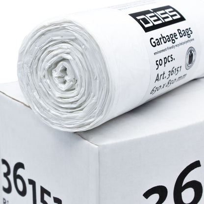 On a white box lies a roll of white garbage bags labeled with 50 pieces. They are made from environmentally friendly recycled LDPE and are marked with the brand name "EMIL DEISS KG (GmbH + Co.)". These DEISS LDPE garbage bags 80 liters, product number 36151, offer a sustainable waste management solution.