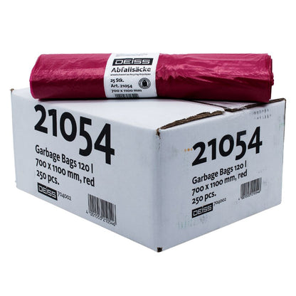 In a white box labeled "21054" there is a premium pack with 250 DEISS trash bags in red color with dimensions 700 x 1100 mm made from recycled LDPE. Neatly on top lies a rolled bundle from EMIL DEISS KG (GmbH + Co.).