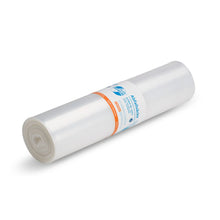 A cylindrical roll of DEISS Premium Plus® 120 Liter Garbage Bags from EMIL DEISS KG (GmbH + Co.) is displayed, each with a white label featuring blue and orange text. The climate-neutral, translucent bags lie on a plain white background and highlight their environmentally friendly recycled material.
