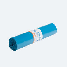 A DEISS Premium Plus® Type 60 garbage bag from EMIL DEISS KG (GmbH + Co.) is neatly rolled up and displayed on a plain white background. It is made of recycled PE in blue color and is labeled with its capacity of 120 liters and its environmentally friendly properties.