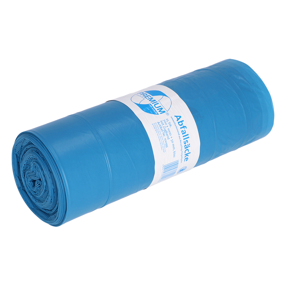 A roll of blue garbage bags with a label featuring text and a barcode. These blue DEISS 10099 - 700x1000+50 mm Type 60 bags are designed for efficient waste disposal, have a cylindrical shape, and feature a sturdy drawstring for easy closure. Brand: EMIL DEISS KG (GmbH + Co.), Content: 25 pieces per roll.