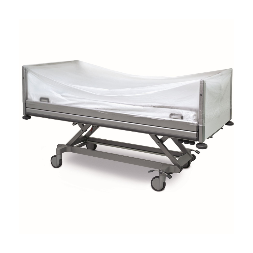 A hospital bed with an adjustable frame on wheels features a translucent HDPE canopy and dark metal rails for hygiene. Brand: EMIL DEISS KG (GmbH + Co.). Product: DEISS Universal bed covers made of HDPE, transparent | Carton (1 pack).