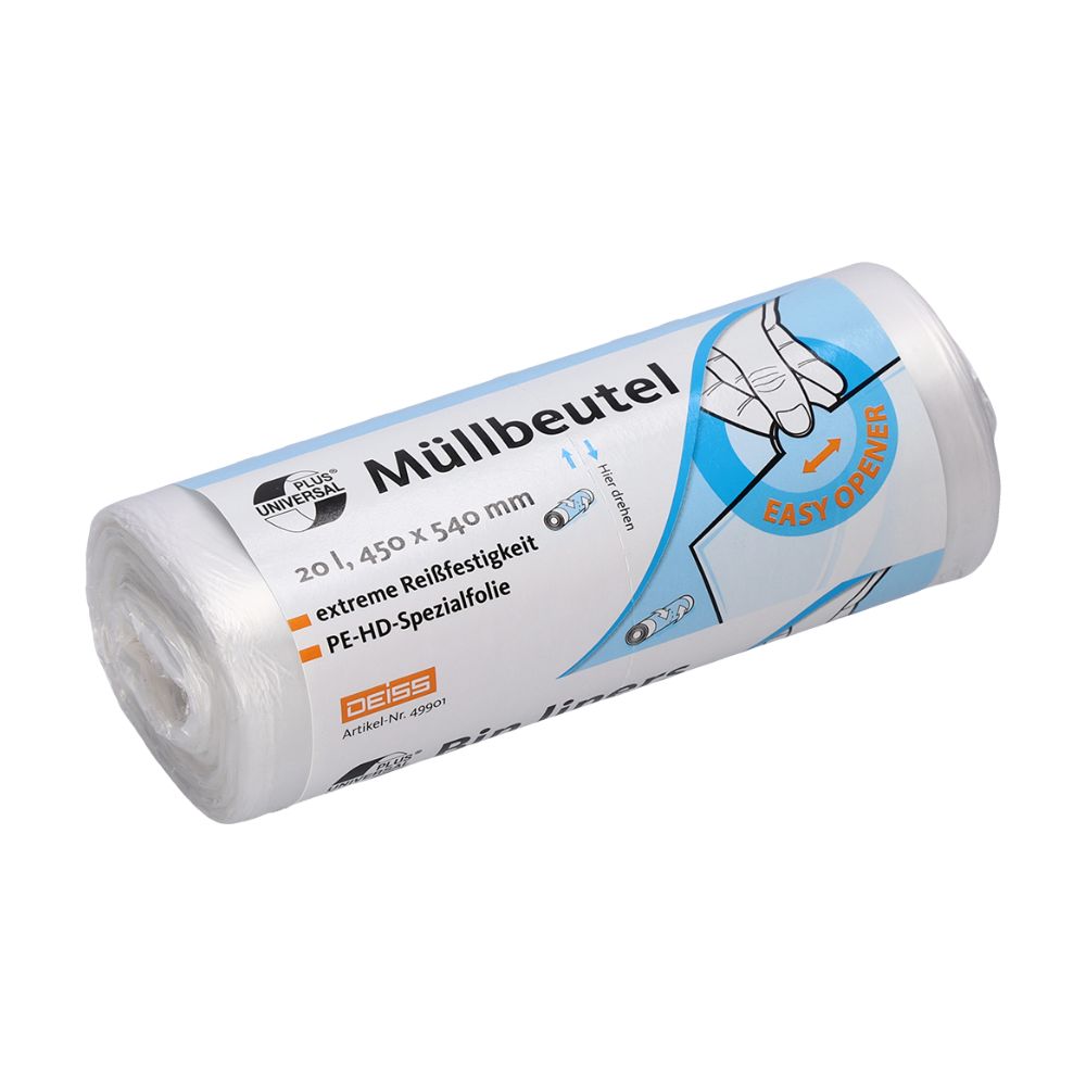 Pictured is a roll of tear-resistant trash bags labeled "DEISS Universal Plus® Trash Bags 20 Liters, 49901." The packaging states the dimensions of 20 liters, 450 x 540 mm, and features an illustration of an "Easy-Opener" function. Made from HDPE special film, the brand name is EMIL DEISS KG (GmbH + Co.).