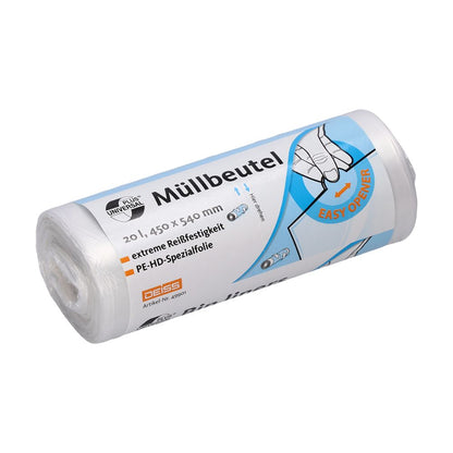 Pictured is a roll of tear-resistant trash bags labeled "DEISS Universal Plus® Trash Bags 20 Liters, 49901." The packaging states the dimensions of 20 liters, 450 x 540 mm, and features an illustration of an "Easy-Opener" function. Made from HDPE special film, the brand name is EMIL DEISS KG (GmbH + Co.).