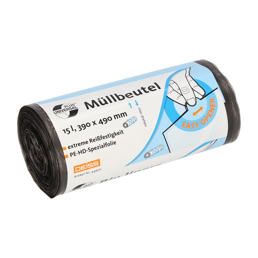 Presented is a roll of black garbage bags with the label "Garbage Bags", measuring 15 liters and 390 x 490 mm. Noteworthy are the tear-resistant function and the blue "Easy Opener". Brand details such as EMIL DEISS KG (GmbH + Co.) and DEISS Universal Plus® as well as additional product information are prominently displayed.