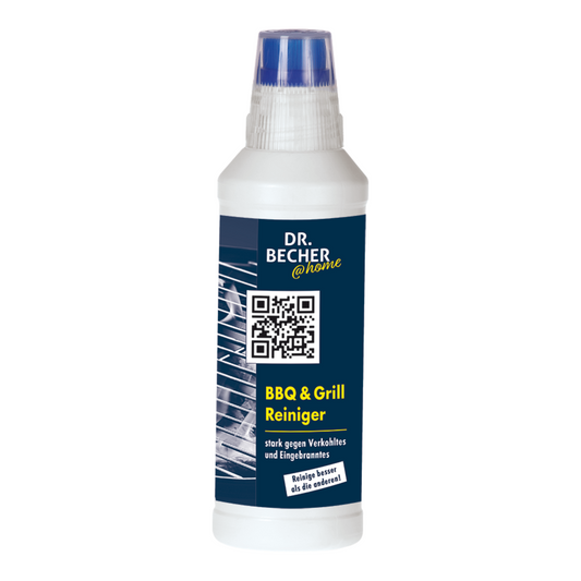 Eine weiße Flasche mit blauem Etikett mit der Marke „Dr. Becher GmbH“. Das Etikett enthält einen QR-Code und den Text „DR.BECHER @home BBQ & Grill Reiniger Gel | Flasche (500 ml)“ in Gelb und betont damit die Wirksamkeit als Grillrostreiniger gegen eingebrannte Rückstände und starke Verschmutzungen.