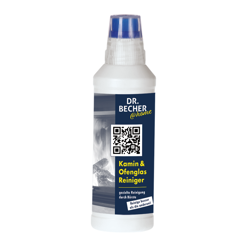 A white bottle DR.BECHER @home chimney & stove glass cleaner | Bottle (500 ml) by Dr. Becher GmbH with a blue label and QR code. The label shows a fireplace image and German text describing this powerful fireplace cleaner for combating baked-on crusts.
