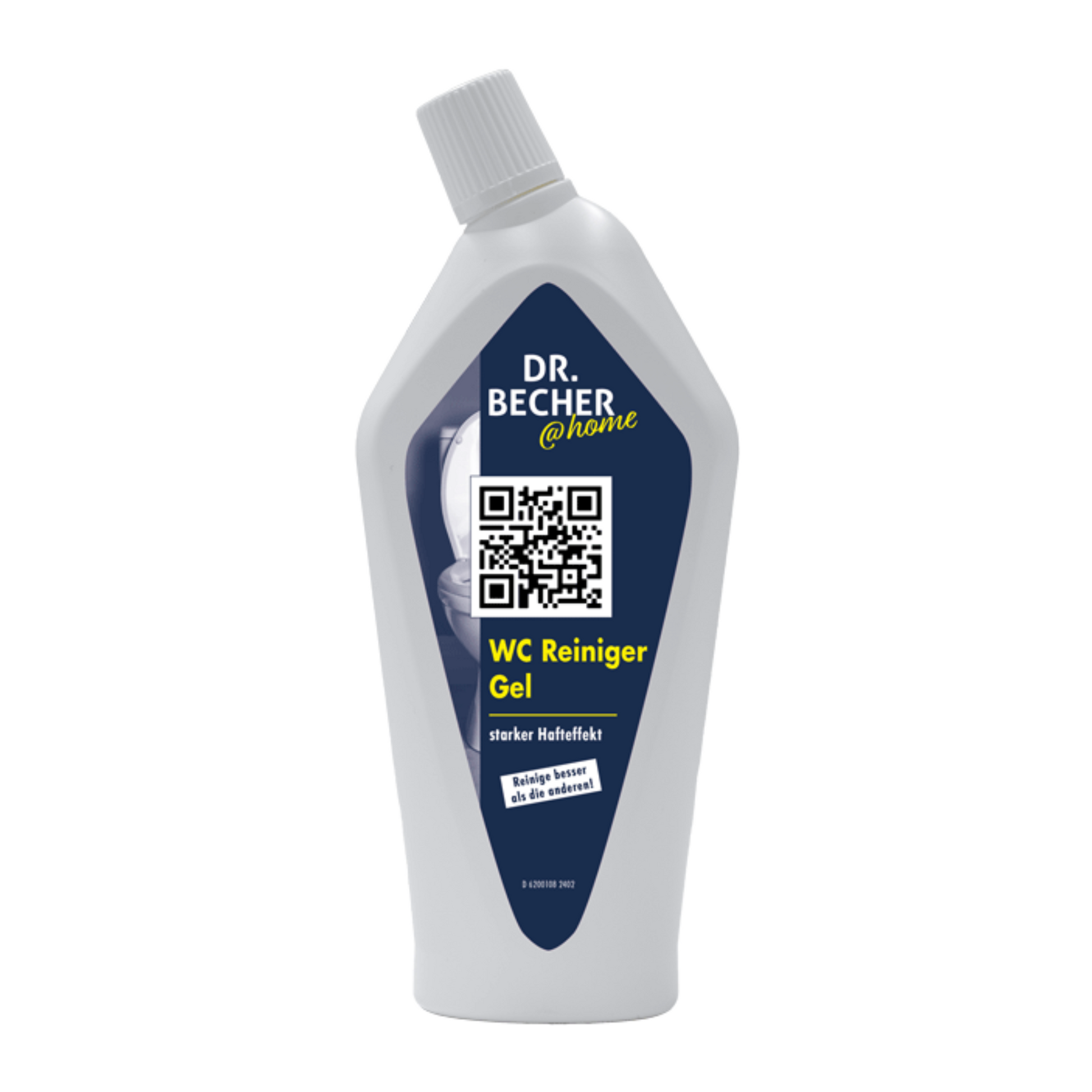 Eine Flasche DR.BECHER @home WC Reiniger Gel | Abgebildet ist eine Flasche (750 ml) der Dr. Becher GmbH. Das Etikett ist blau und weiß und verfügt über einen QR-Code und einen gelben Text mit den Hinweisen „starker Haefeeffekt“ und „Säurebasiert für die extreme“. Die Flasche verfügt über einen zur Seite geneigten weißen Verschluss, der hygienischer Glanz auch bei hartnäckigen Verschmutzungen verspricht.