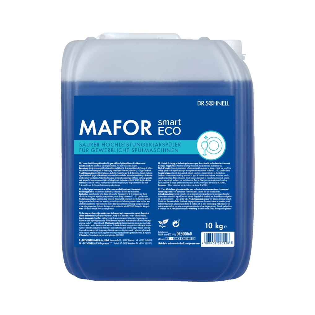 Ein 10 kg-Gebinde Dr. Schnell MAFOR smart ECO von DR.SCHNELL GmbH & Co. KGaA, einem blauen, sauren, umweltfreundlichen Klarspüler für gewerbliche Geschirrspüler, mit Produktangaben und Anweisungen auf einem blauen Etikett.