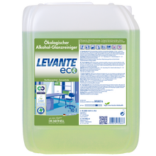 Ein 10-Liter-Transluzenzbehälter von Dr. Schnell LEVANTE ECO der DR.SCHNELL GmbH & Co. KGaA zeigt die grüne Flüssigkeit im Inneren. Das deutschsprachige Etikett zeigt Produktinfos und Bilder eines sauberen Büros und weist auf die umweltfreundliche Anwendung hin.