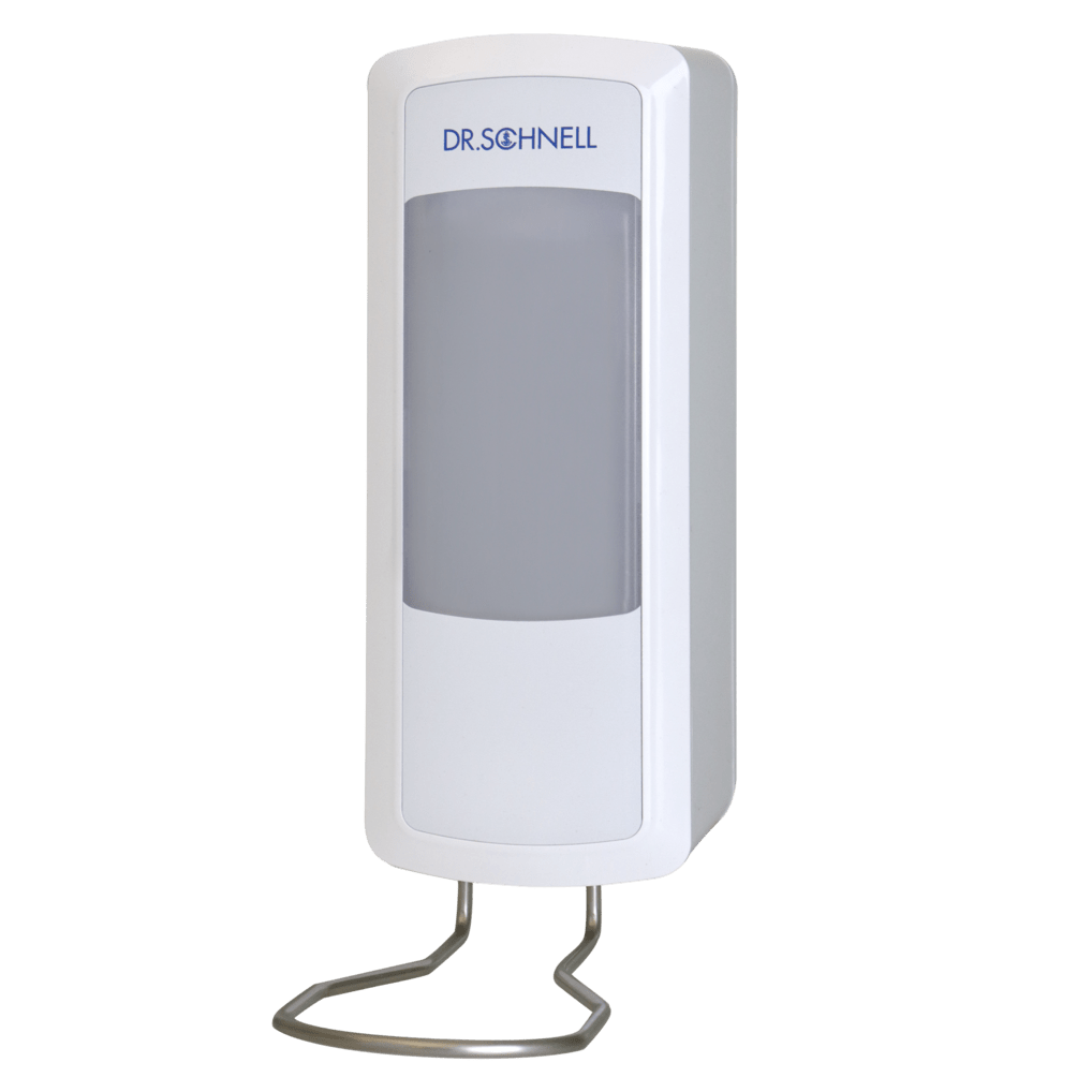 Ein weißer wandmontierter Dr. Schnell Spender V10N der DR.SCHNELL GmbH & Co. KGaA mit einer großen grauen Frontplatte mit der Aufschrift DR. SCHNELL" und ist an einem Metallständer befestigt - ideal für den hygienischen Einsatz von Reinigungs- und Desinfektionslösungen.
