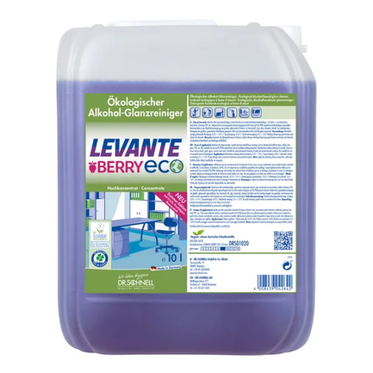 Ein 10-Liter-Gebinde Dr. Schnell Levante Berry ECO von DR.SCHNELL GmbH & Co. KGaA, mit lila Flüssigkeit und Beerenduft. Das deutsche Etikett zeigt Produktangaben und eine saubere Büroraum-Illustration.
