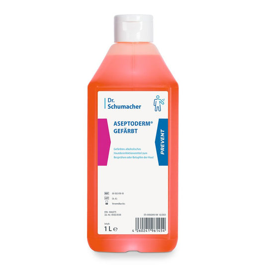 Eine 1-Liter-Flasche Dr. Schumacher ASEPTODERM GEFÄRBT der Dr. Schumacher GmbH mit rosafarbener Flüssigkeit, weißem Verschluss und blau-rosa Etikett steht aufrecht vor einem schlichten weißen Hintergrund.